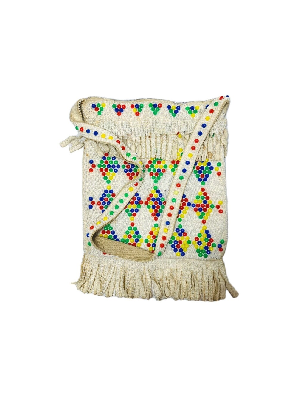 Vtg 60s 70s Candy Dot Fringe Purse White Rainbow Plastic Bead Metal Zipper